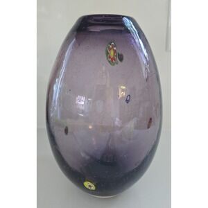 Margie's Garden Art Glass Base Millefiori Hand Blown Bubbles Purple 9 In